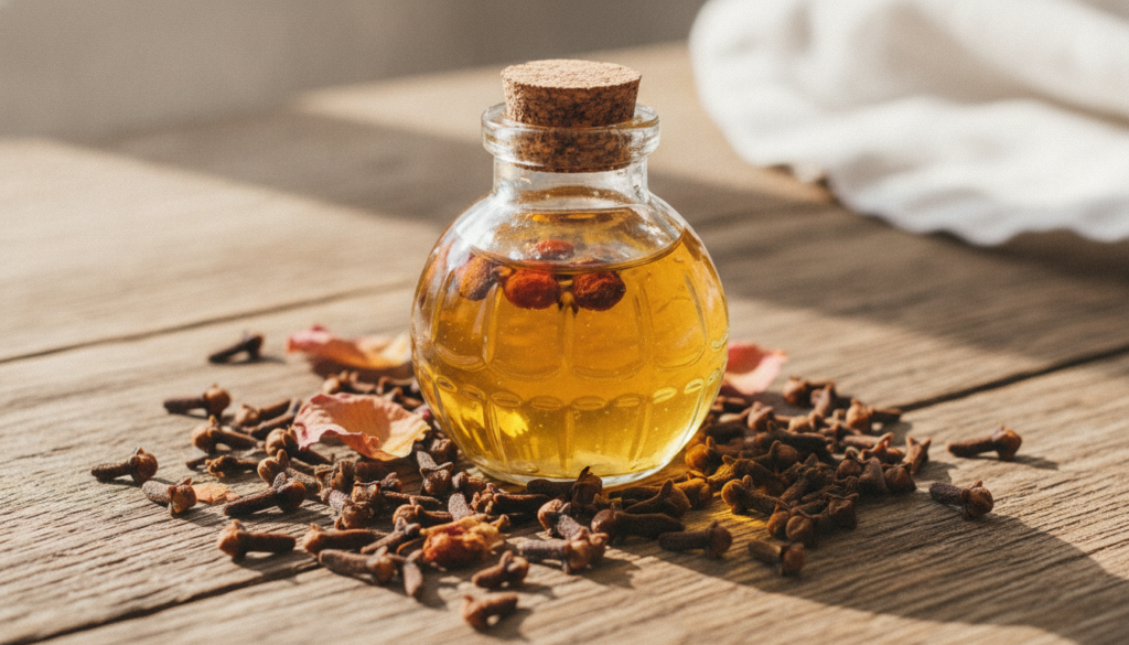 A beautiful small glass bottle of homemade anti-aging oil with dried cloves and rosehip seeds scattered around it on a r
