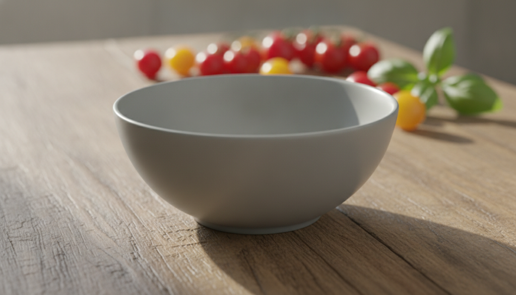 An aesthetically pleasing clean empty ceramic bowl centered on a rustic wooden table with a few fresh colorful vegetable