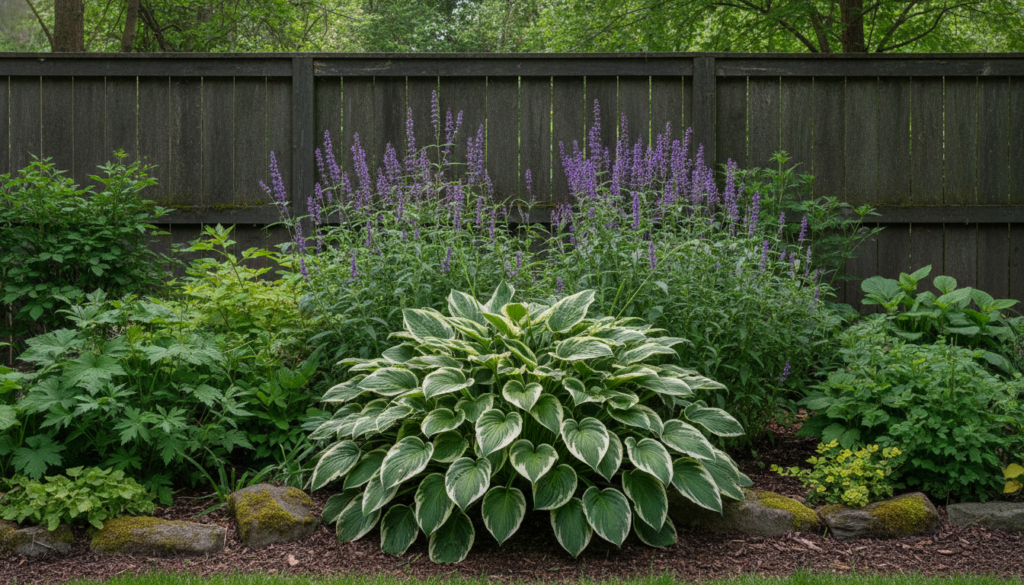 A garden bed at the base of a fence featuring a large variegated Hosta spiky purple Salvia or Lavender and other green f