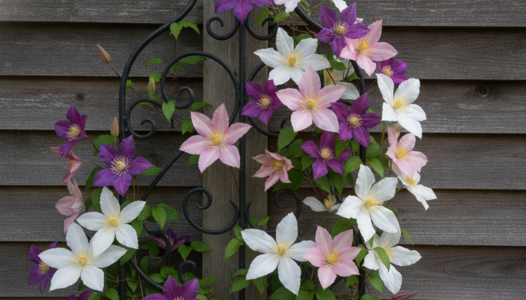 Close-up of vibrant purple pink and white Clematis flowers climbing on a dark fence trellis with lush green foliage