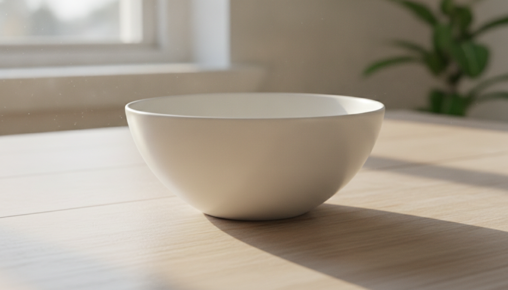 A clean inviting empty ceramic bowl on a light wooden table with soft natural light symbolizing a fresh start and endles