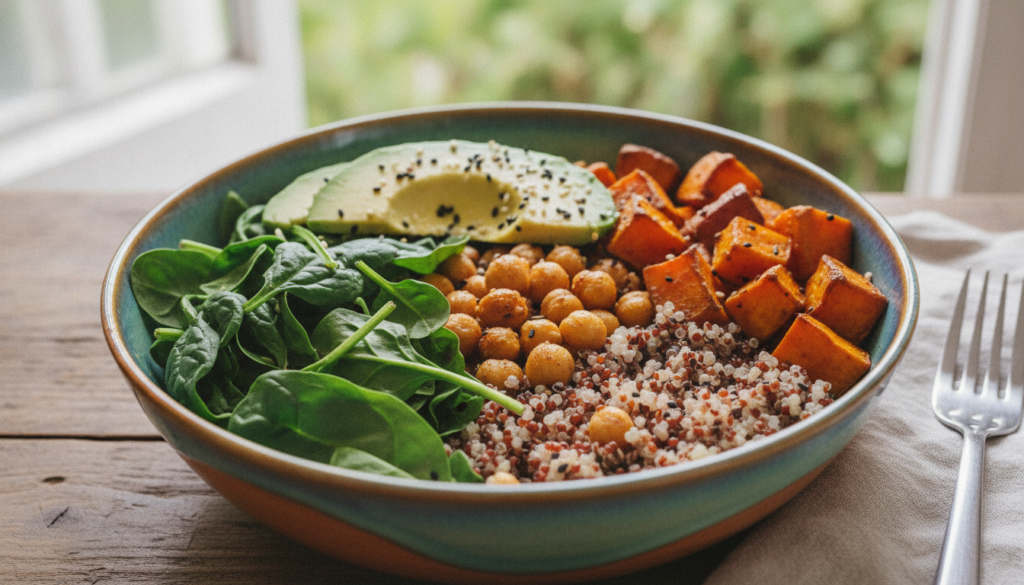 A vibrant colorful Buddha bowl featuring a base of quinoa topped with roasted sweet potatoes fresh spinach chickpeas avo