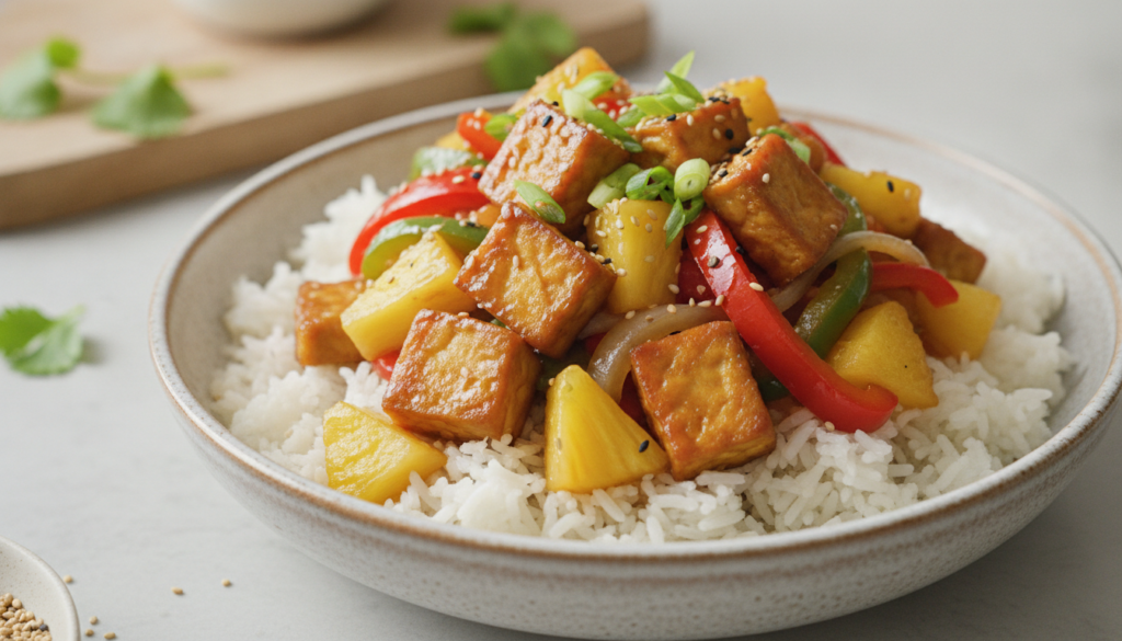 A colorful vegan sweet and sour tempeh stir-fry with pineapple chunks bell peppers and onions served over rice in a mode