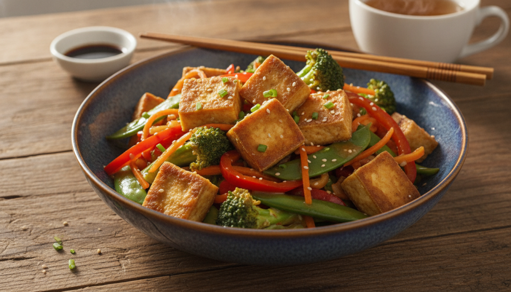 A vibrant vegan stir-fry with crispy tofu cubes and bright green broccoli florets coated in a glossy ginger-garlic sauce