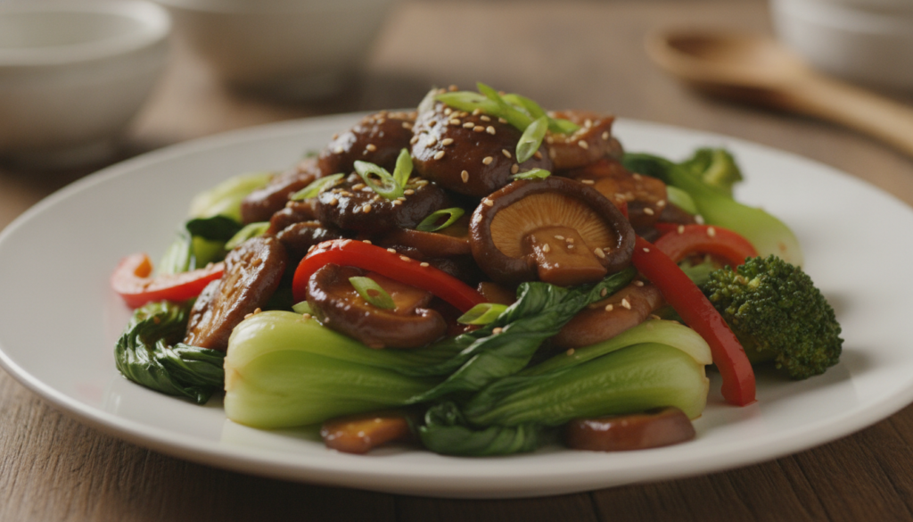 A richly colored vegan stir-fry with various mushrooms and bright green bok choy coated in a dark savory sauce served on