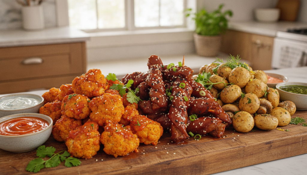 A vibrant platter of various vegan wings including crispy buffalo cauliflower wings sticky Korean BBQ seitan wings and z