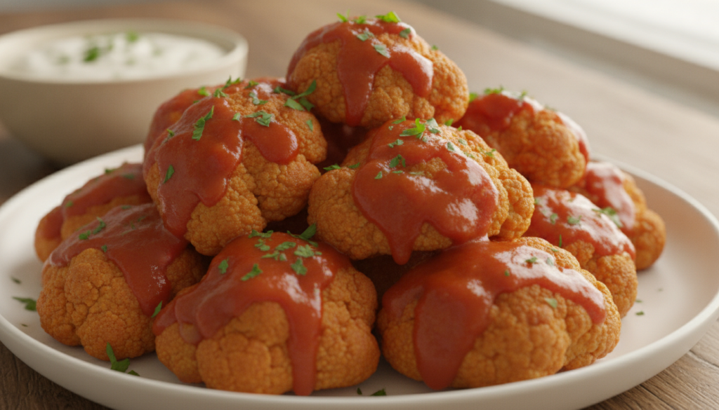 A close-up shot of crispy buffalo cauliflower wings piled high on a plate glistening with red buffalo sauce garnished wi
