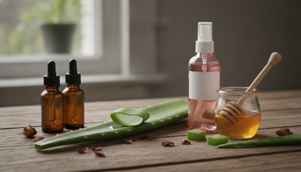 Various natural hydration ingredients arranged beautifully on a rustic wooden table fresh aloe vera leaf a small jar of