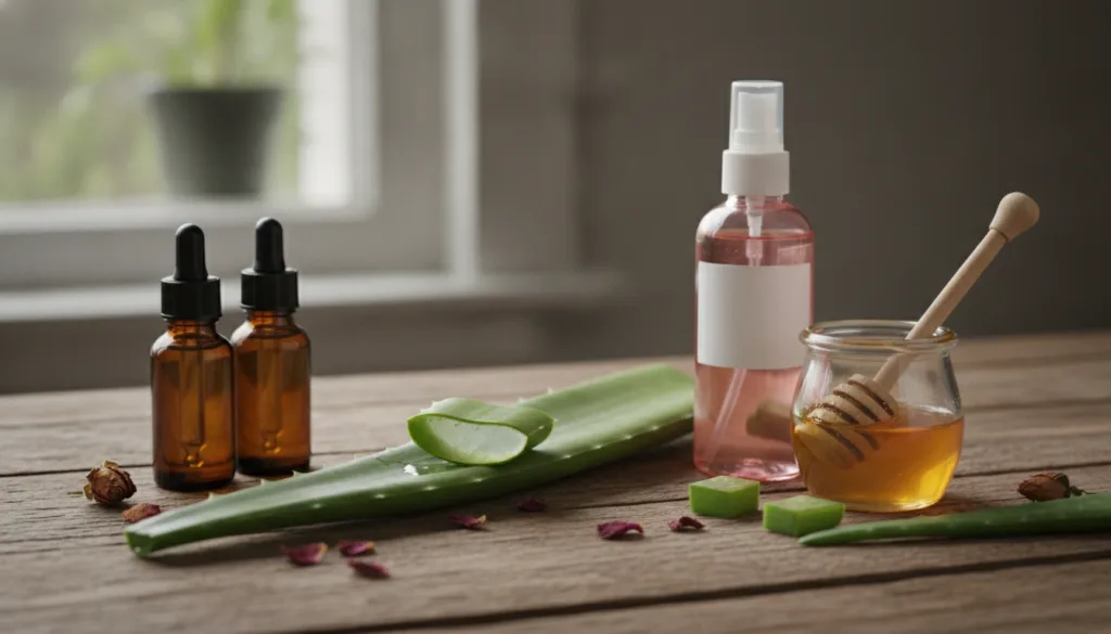 Various natural hydration ingredients arranged beautifully on a rustic wooden table fresh aloe vera leaf a small jar of 
