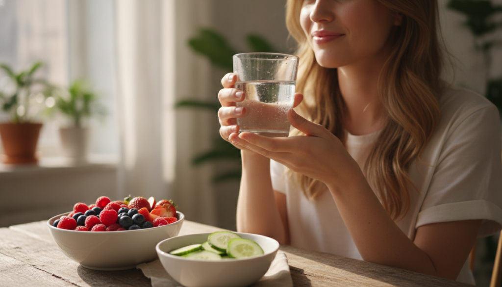 A woman drinking a glass of water next to a bowl of fresh fruit with a subtle glow on her skin symbolizing internal hydr