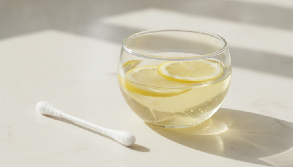 A small bowl with baby oil and lemon slices with a cotton swab nearby on a light background