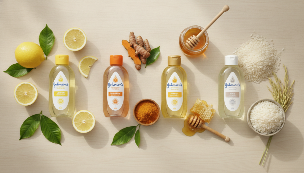A collection of Johnson s baby oil bottles each distinctly featuring illustrations or colors representing Lemon Turmeric