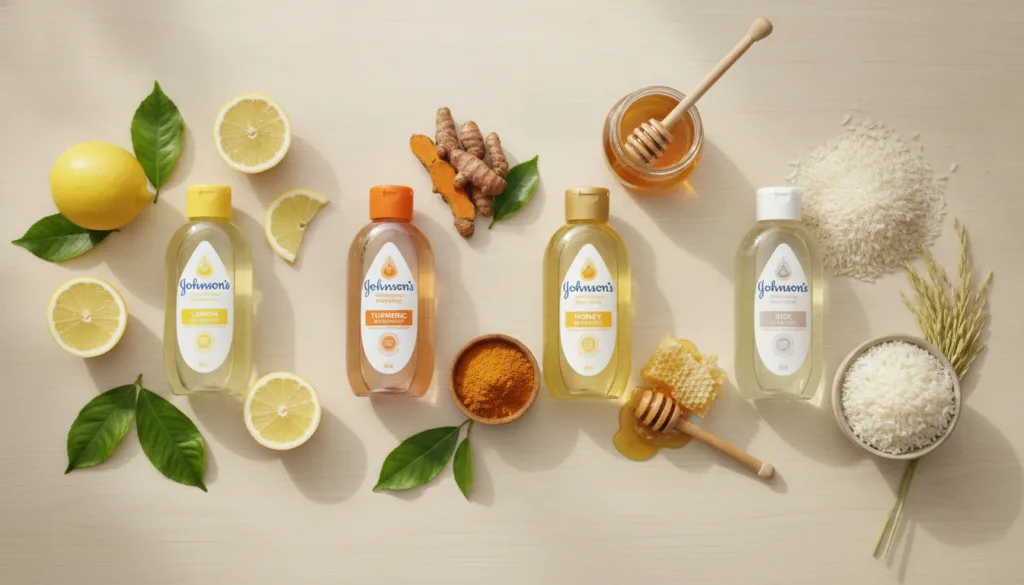 A collection of Johnson s baby oil bottles each distinctly featuring illustrations or colors representing Lemon Turmeric
