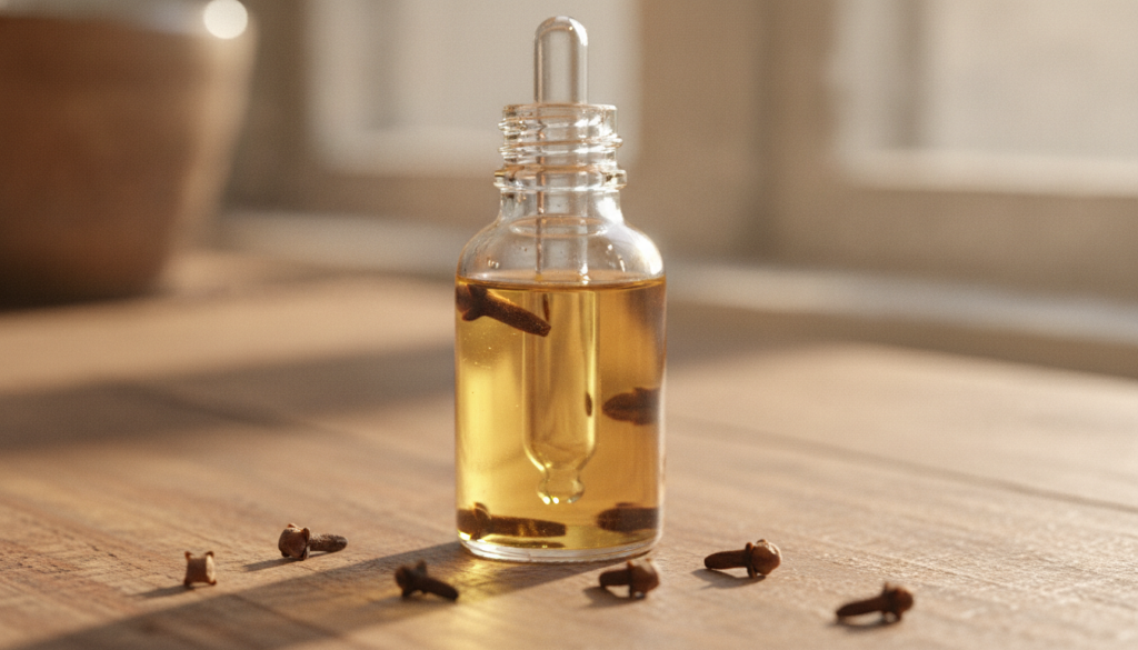 A small glass bottle of baby oil infused with whole cloves with a dropper and a few cloves scattered around it on a wood