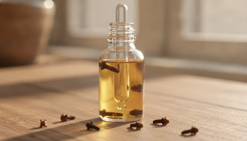 A small glass bottle of baby oil infused with whole cloves with a dropper and a few cloves scattered around it on a wood