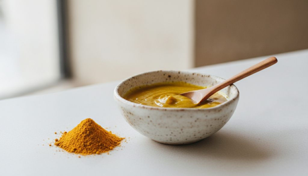 A small bowl with a yellow turmeric and baby oil paste with a small spoon next to a pile of turmeric powder