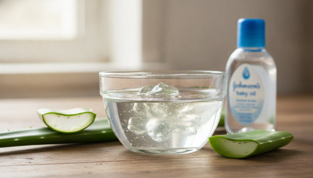 A bowl with baby oil and fresh aloe vera gel with an aloe leaf cut open and a small glass bottle of baby oil in the back