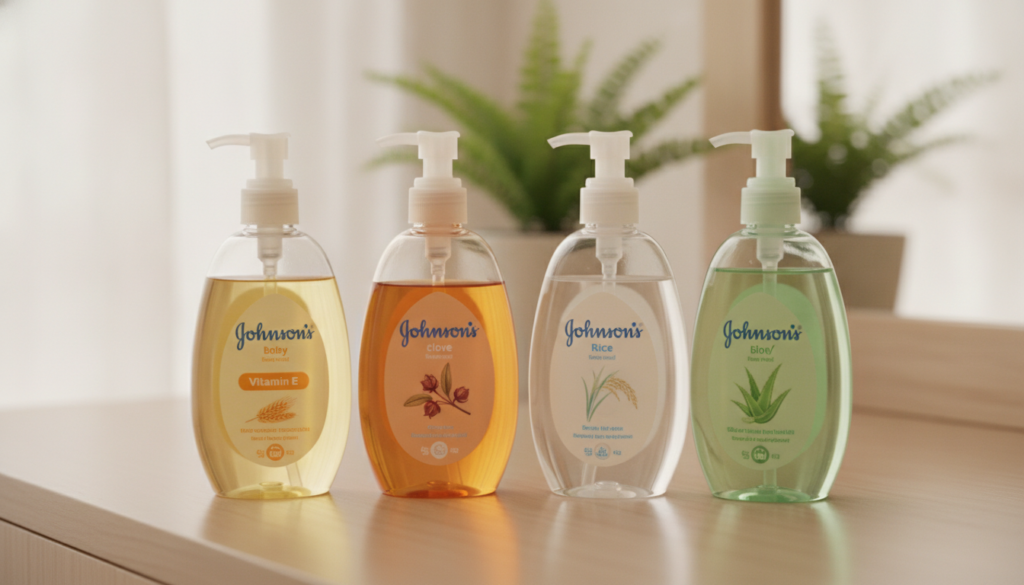 A collection of different Johnson s Baby Oil variants Vitamin E Clove Rice Aloe Vera displayed beautifully on a vanity t