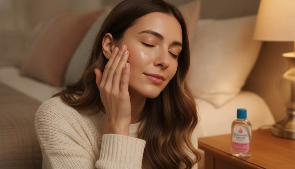A woman gently applying a small amount of Johnson s Baby Oil to her face before bed her skin looking soft and hydrated T