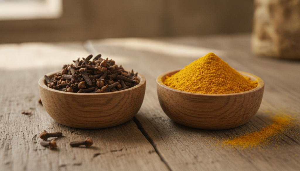 Close-up shot of dried cloves and ground turmeric powder in separate small wooden bowls with a neutral warm background