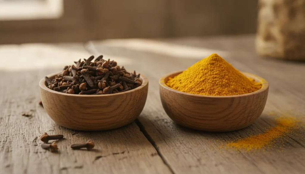 Close-up shot of dried cloves and ground turmeric powder in separate small wooden bowls with a neutral warm background