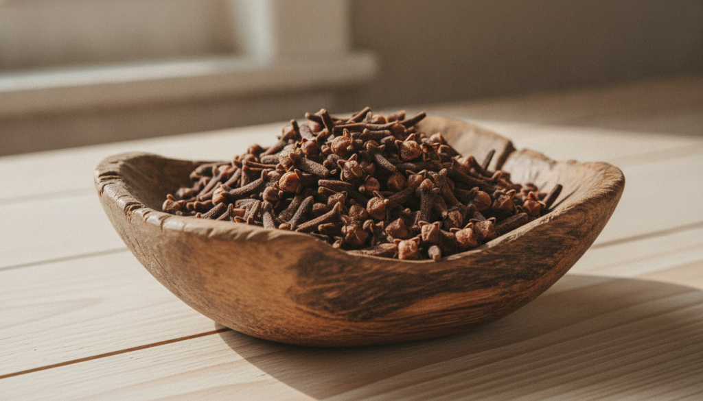 Close-up of dried cloves in a small wooden bowl with a soft focus background of fresh herbs or a simple clean skincare s
