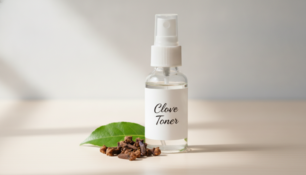 A small glass spray bottle filled with a clear liquid labeled as Clove Toner next to a few whole cloves and a fresh gree
