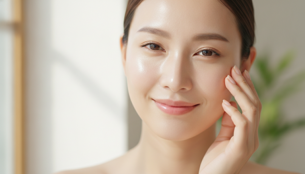 A woman with glowing clear skin smiling perhaps gently touching her cheek to illustrate the results of natural skincare