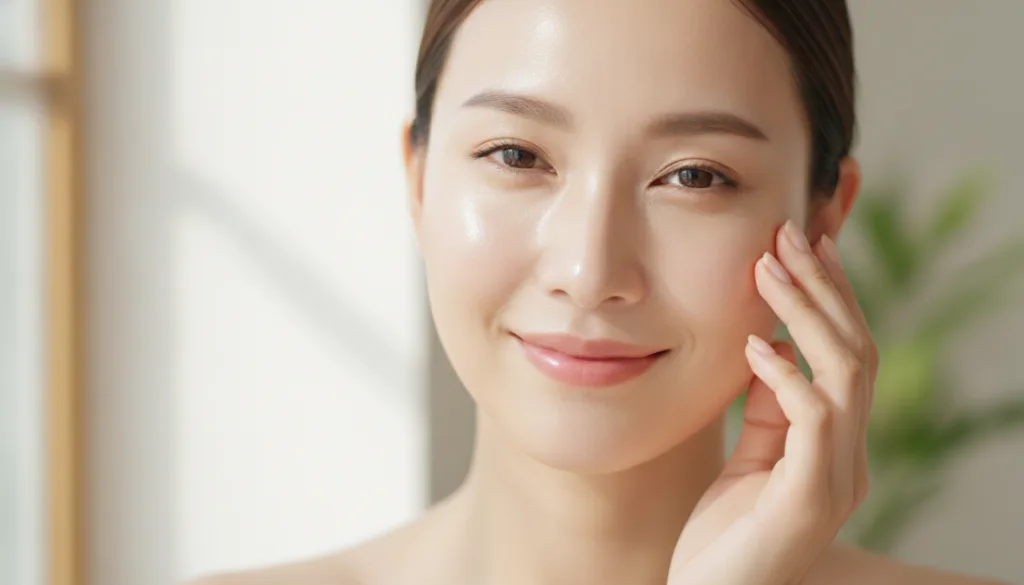 A woman with glowing clear skin smiling perhaps gently touching her cheek to illustrate the results of natural skincare 