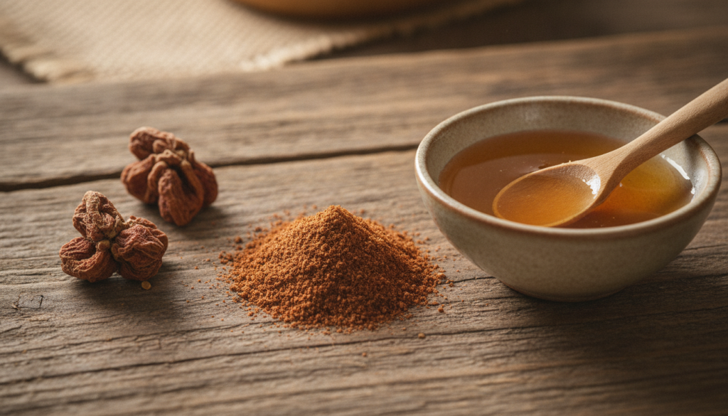A close-up shot of dried cloves some whole and some ground into powder next to a small bowl of honey and a wooden spoon