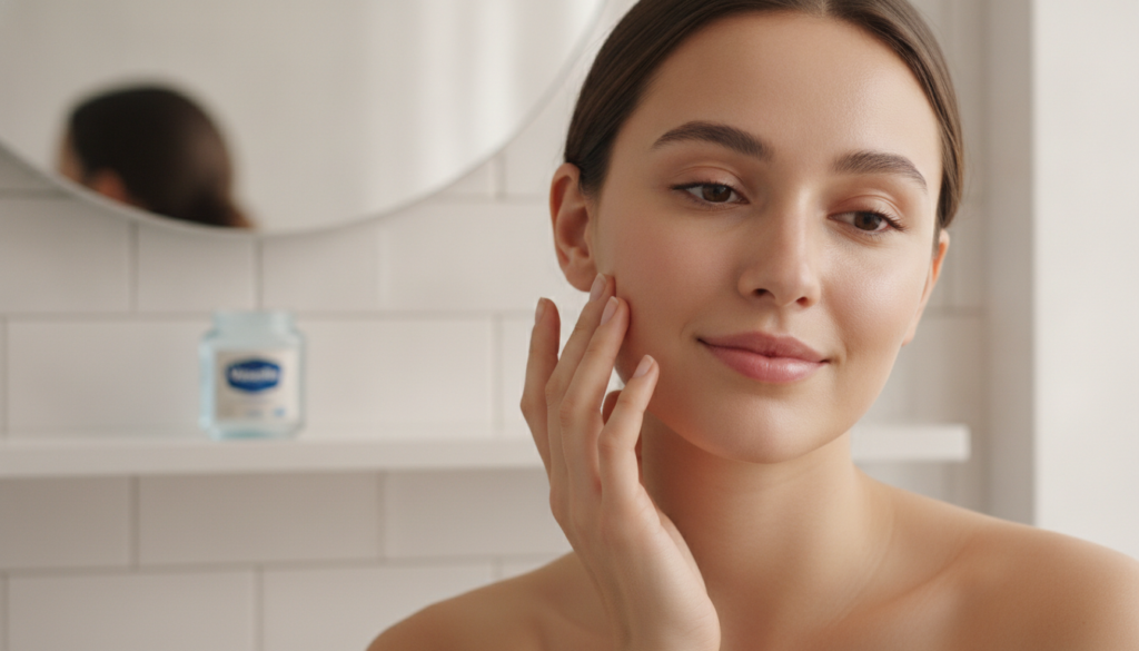 A woman with glowing youthful skin gently touching her cheek with a blurred background of a bathroom or vanity A jar of