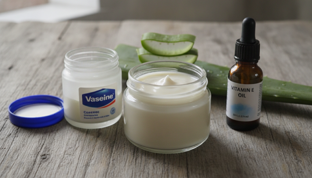 A close-up of a small glass jar containing the freshly mixed Vaseline Vitamin E oil and Aloe Vera gel cream with the ind