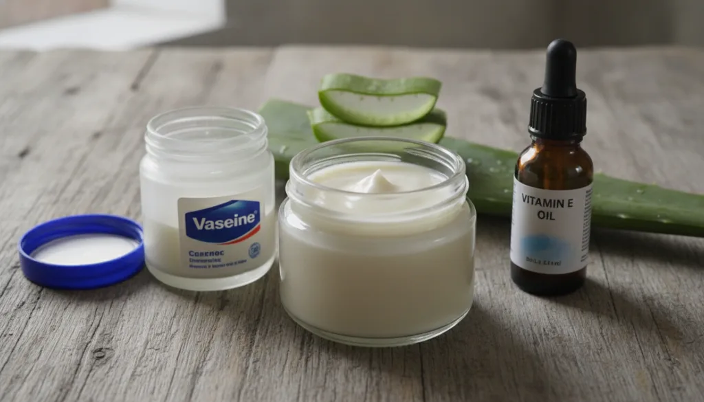 A close-up of a small glass jar containing the freshly mixed Vaseline Vitamin E oil and Aloe Vera gel cream with the ind