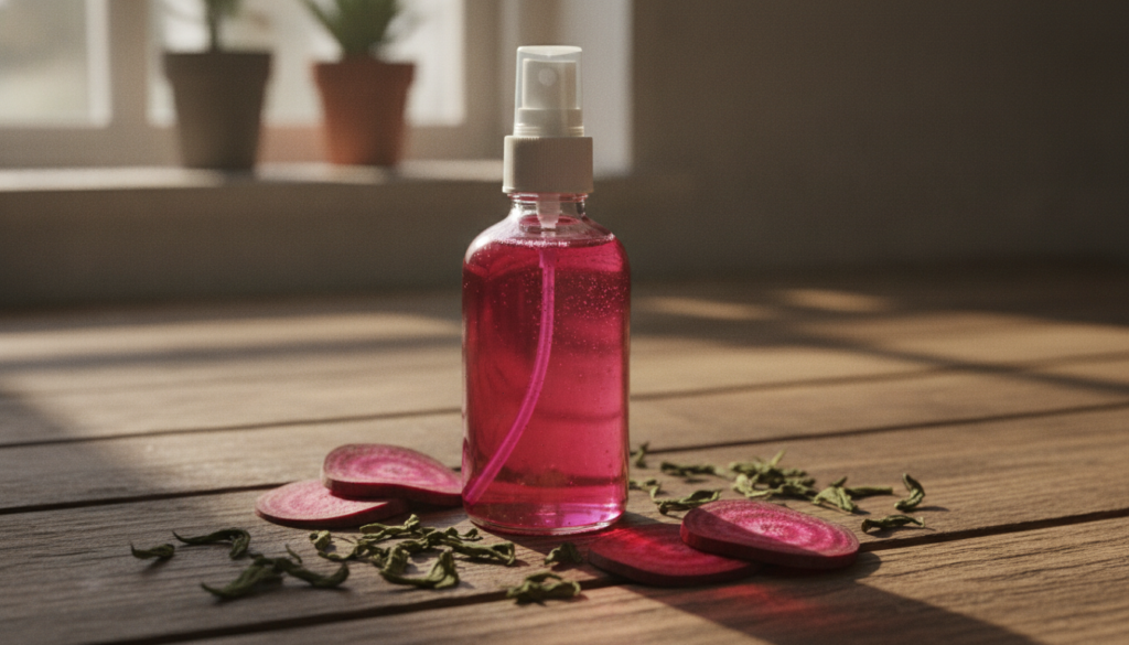 A glass spray bottle containing a vibrant pink-red liquid with fresh beetroot slices and green tea leaves scattered near