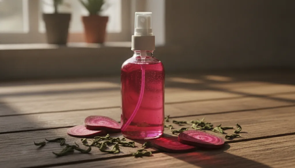 A glass spray bottle containing a vibrant pink-red liquid with fresh beetroot slices and green tea leaves scattered near
