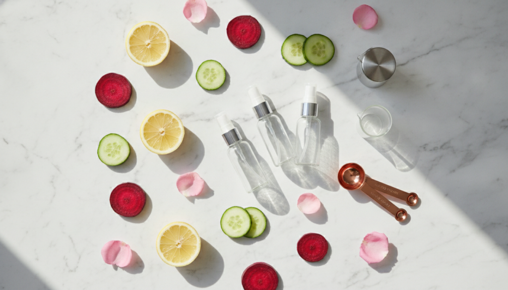 A beautiful flat lay of various fresh natural ingredients like sliced lemons cucumbers beets and rose petals alongside s