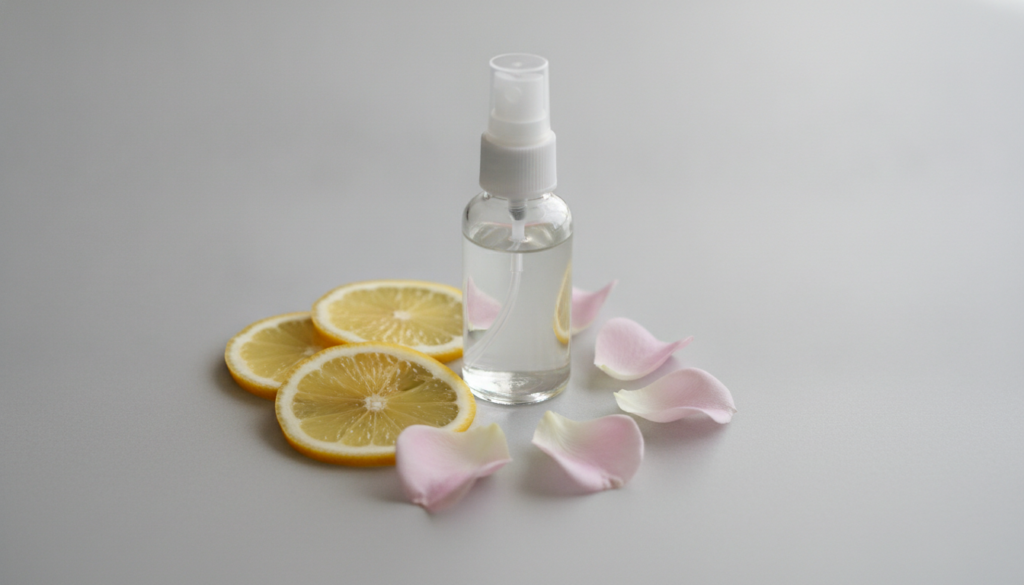 A glass spray bottle filled with a clear liquid with a few fresh lemon slices and rose petals arranged artfully around i