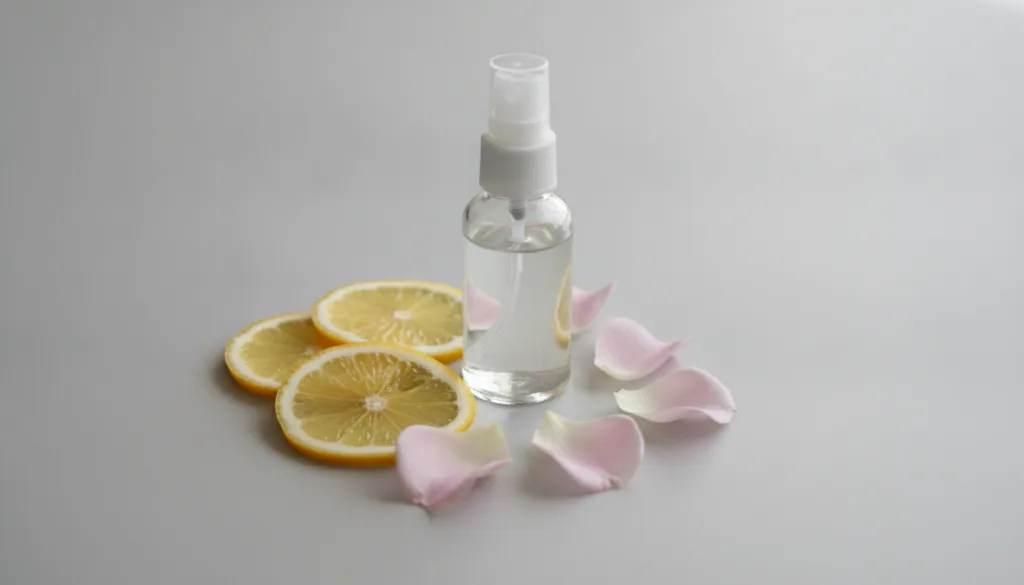 A glass spray bottle filled with a clear liquid with a few fresh lemon slices and rose petals arranged artfully around i