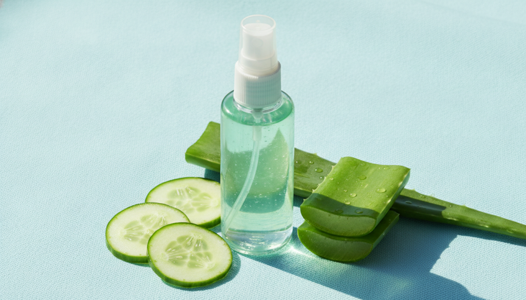 A clear glass spray bottle with a refreshing green-tinted liquid surrounded by fresh cucumber slices and aloe vera leave