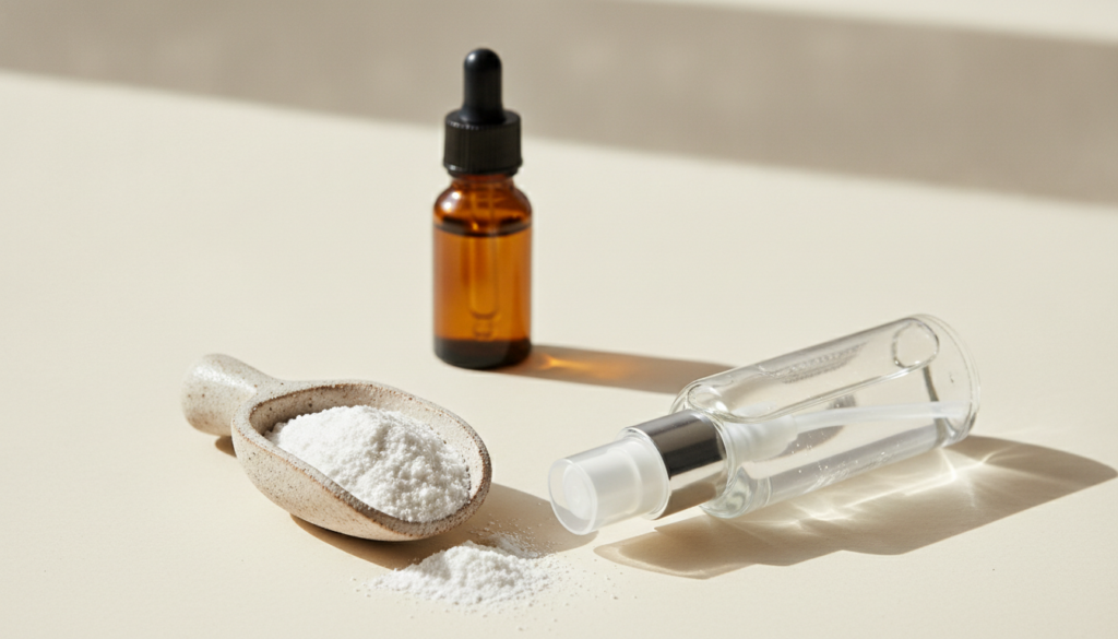 A small scoop of white collagen powder next to a clear spray bottle of liquid with a dropper bottle of hyaluronic acid a