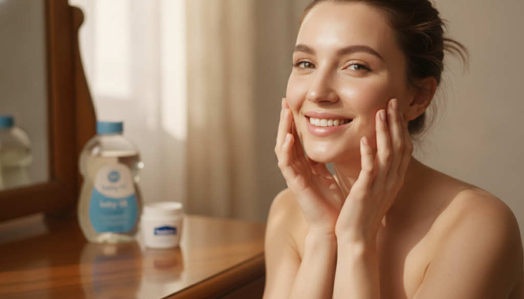 A woman gently touching her incredibly soft glowing cheek with a radiant smile with blurred jars of baby oil and Vaselin