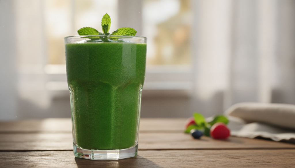 A close-up of a refreshing vibrant green smoothie or juice in a clear glass garnished with fresh mint or berries sitting