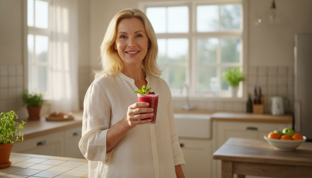 A radiant naturally beautiful woman in her late 50s smiling confidently with glowing skin and healthy hair holding a gla