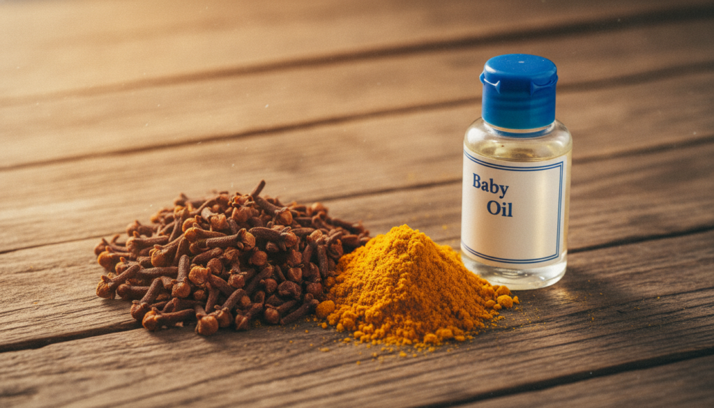 A close-up shot of dried cloves and turmeric powder with a small bottle of baby oil on a rustic wooden table bathed in w