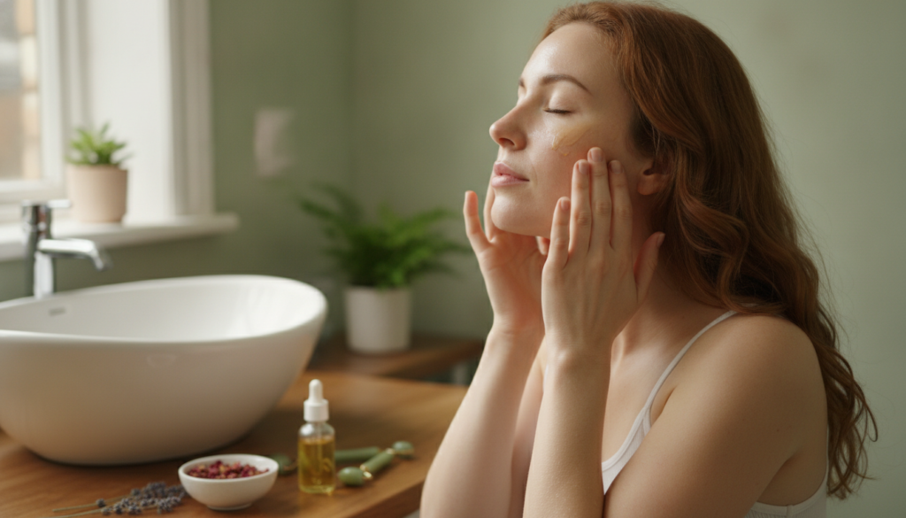 A woman gently applying a homemade oil to her face with her fingertips showing radiant and smooth skin The scene is brig