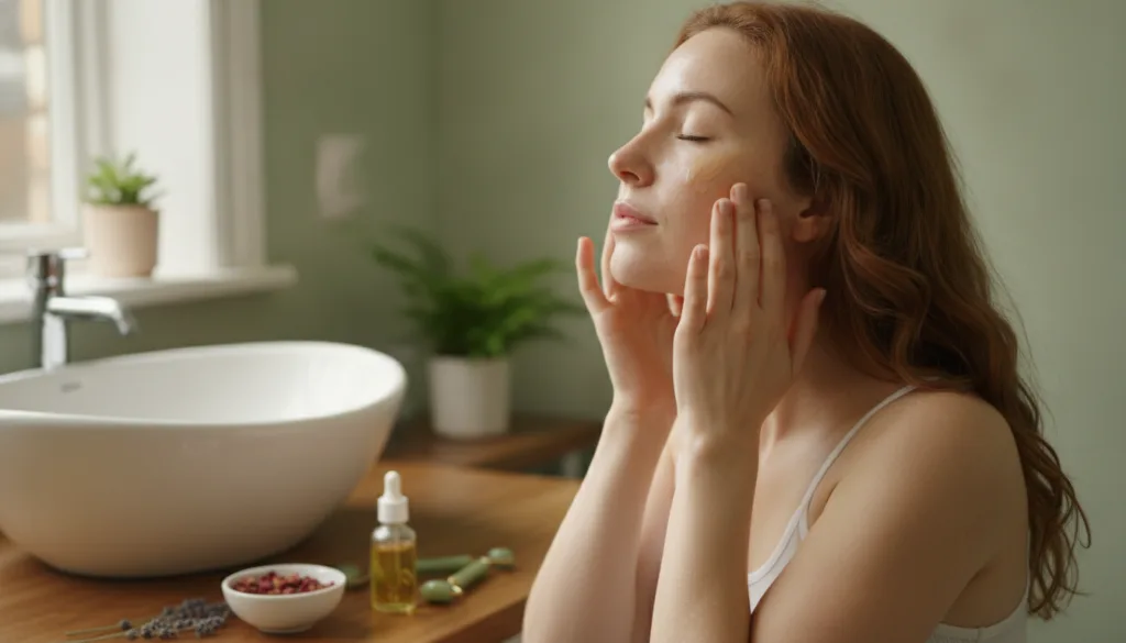 A woman gently applying a homemade oil to her face with her fingertips showing radiant and smooth skin The scene is brig