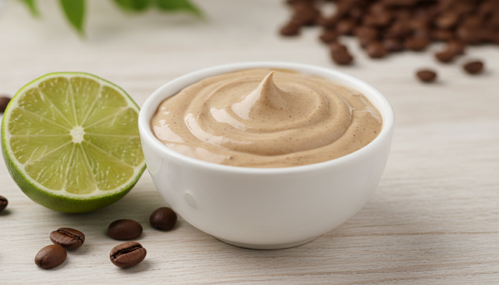 A close-up shot of a creamy textured coffee and lime face mask in a small bowl with a sliced lime and coffee beans subtl
