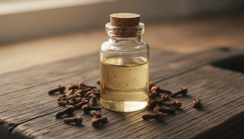 A small glass bottle filled with clove-infused baby oil surrounded by whole cloves on a rustic wooden surface
