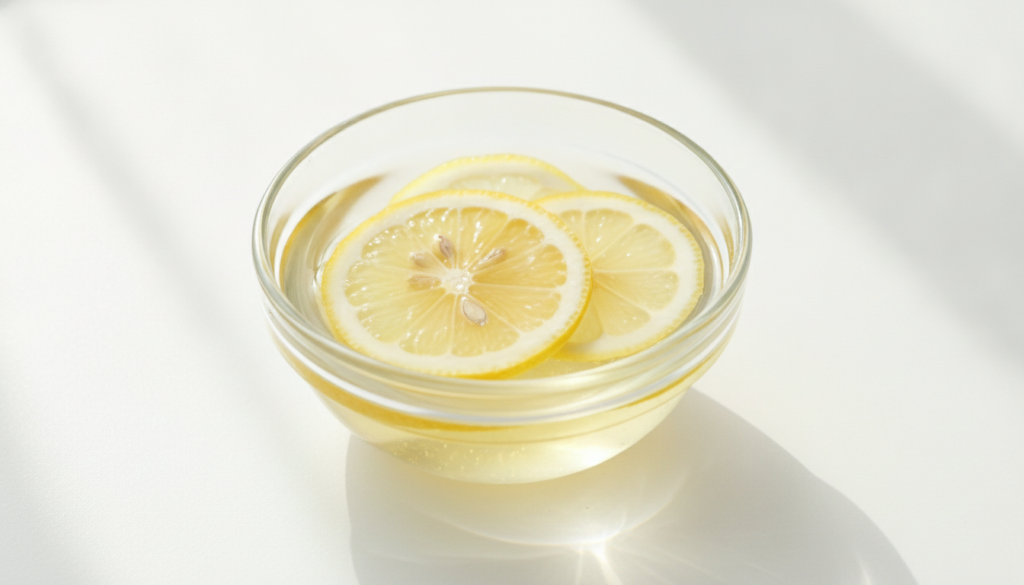 A bowl of baby oil with a few slices of fresh lemon floating in it on a bright clean background