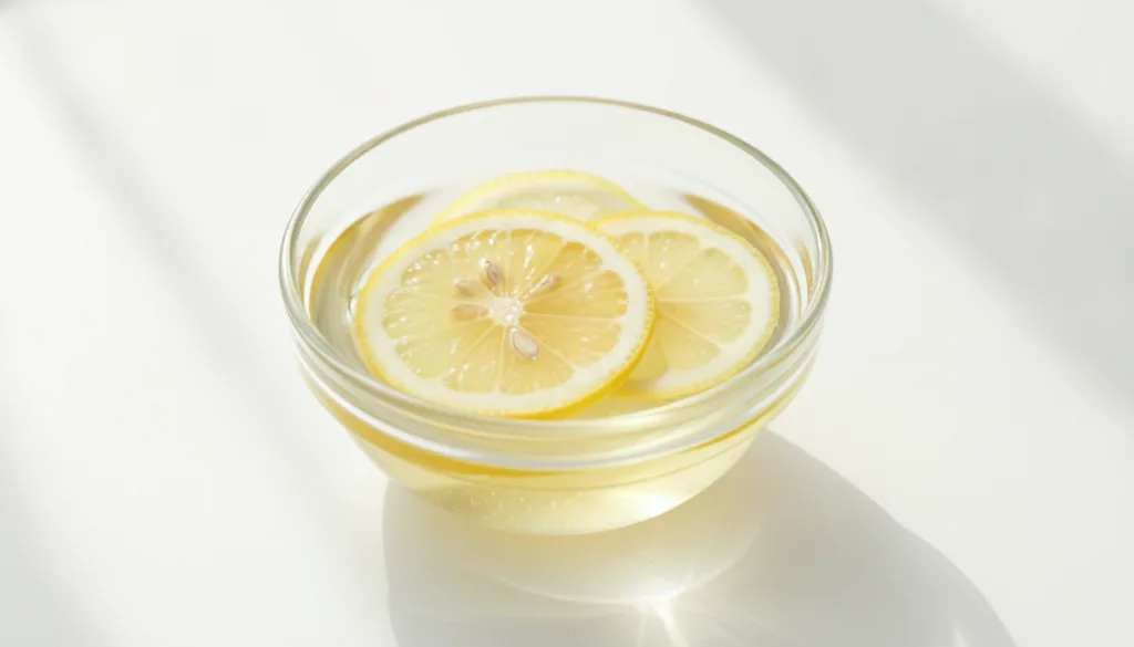 A bowl of baby oil with a few slices of fresh lemon floating in it on a bright clean background